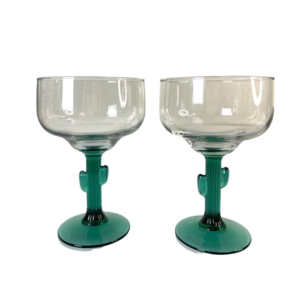Set of 2, Cactus Stemmed Margarita Glasses, Green & Clear Glass, Southwestern